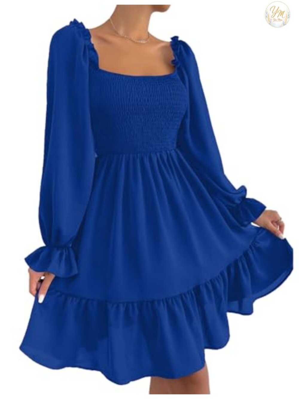 Women's Square Neck Smocked Puff Sleeve A-Line Knee Dress